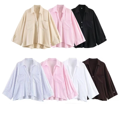 Camicia Casual in Misto Lino da Donna Scollo a V Manica a 3/4 Top Oversize Con Tasche Sul Petto Blusa Estiva Con Orlo Irregolare