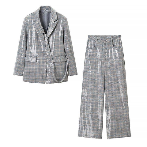 Women Sequin Plaid Blazer And High Waist Wide Leg Pants Set Commuter Elegant Grey Blue Grid Two Piece Suit Outfit