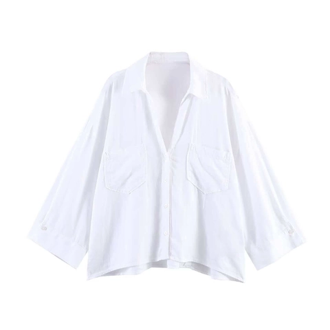 Camicia Casual in Misto Lino da Donna Scollo a V Manica a 3/4 Top Oversize Con Tasche Sul Petto Blusa Estiva Con Orlo Irregolare
