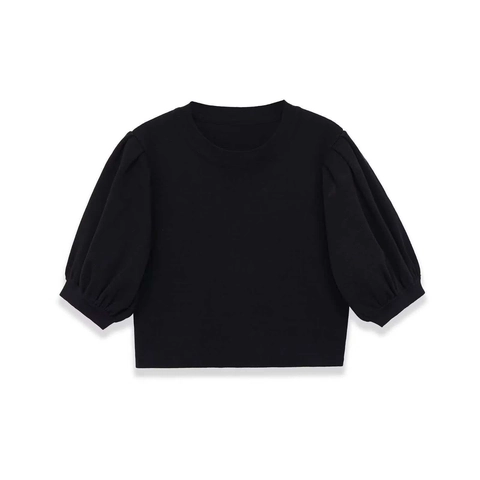 Dames Casual Gebreide Top met Pofmouwen en Ronde Hals Elegante Effen Zwarte Geribbelde Trui