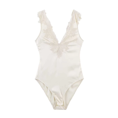 Élégant Body Femme Col en V Profond Bordure en Dentelle Sans Manches Sexy Blanc Ivoire Polyester Combinaison Été Mode Top