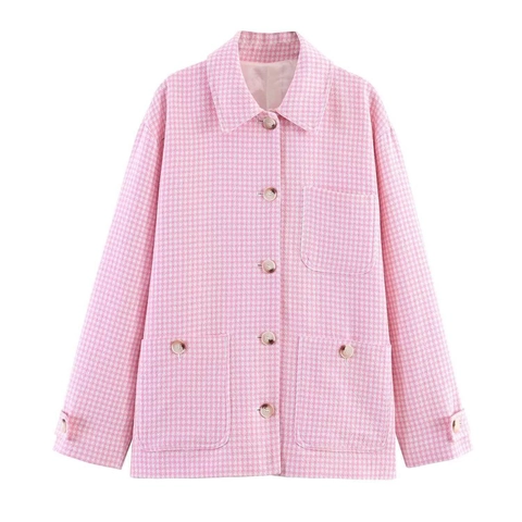 Damen Elegant Rosa Hahnentritt Tweed Jacke Kariert Einreihig Langarm Büro Oberbekleidung Mantel Mit Taschen