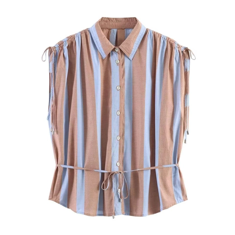 Chemise Femme Vintage à Rayures Verticales Sans Manches Col à Revers Boutonné Blouse Avec Ceinture à Nouer Top Rayé Décontracté