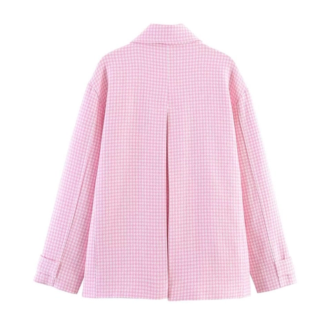 Damen Elegant Rosa Hahnentritt Tweed Jacke Kariert Einreihig Langarm Büro Oberbekleidung Mantel Mit Taschen