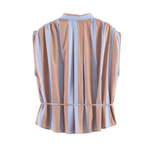 Chemise Femme Vintage à Rayures Verticales Sans Manches Col à Revers Boutonné Blouse Avec Ceinture à Nouer Top Rayé Décontracté