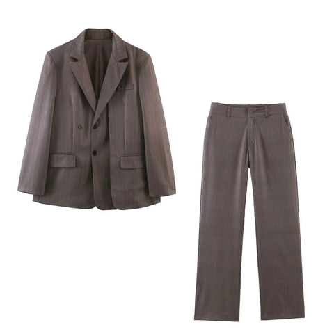 Conjunto de Blazer de Rayas Casual para Mujer Solapa de Muesca Manga Larga Chaqueta y Pantalones de Pierna Ancha Dos Piezas