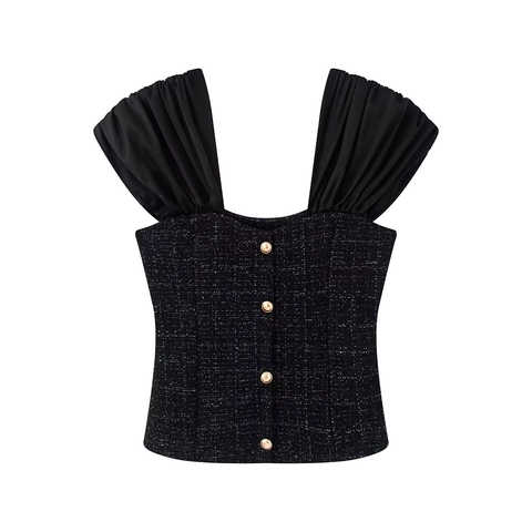 Vintage Women Black Tweed Patchwork Top Elegant Pleated Puff Shoulder Straps Gold Buttons Slim Fit Camisole Party Blouse