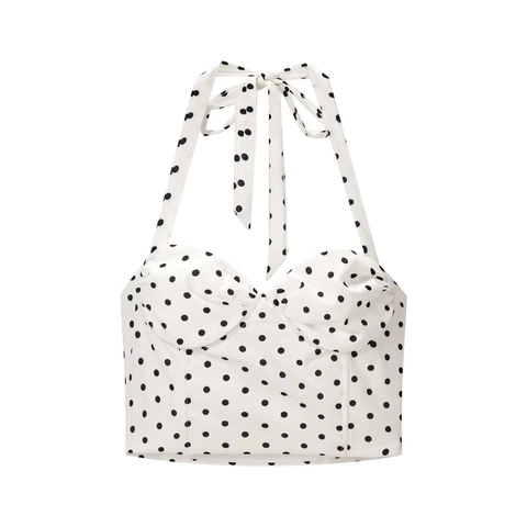 Completo Donna Estivo Sexy a Pois Due Pezzi Con Top a Fascia e Gonna Lunga a Vita Alta a Linea A