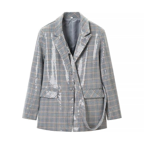 Women Sequin Plaid Blazer And High Waist Wide Leg Pants Set Commuter Elegant Grey Blue Grid Two Piece Suit Outfit