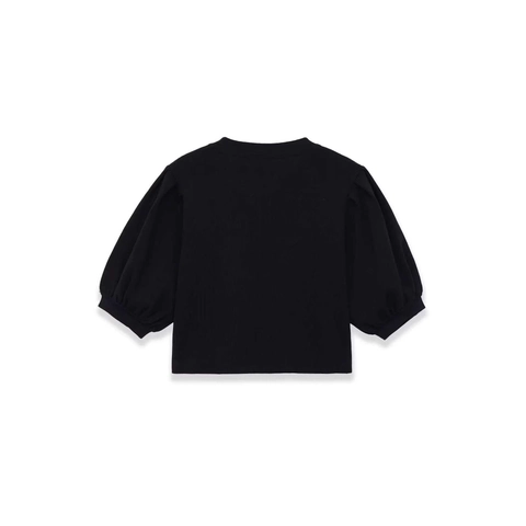 Dames Casual Gebreide Top met Pofmouwen en Ronde Hals Elegante Effen Zwarte Geribbelde Trui