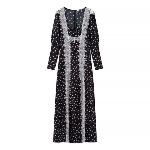 Vintage Floral Print Maxi Dress For Women Lace Splicing Square Neck Long Sleeve Slim Fit High Waist Elegant Cottagecore Dress