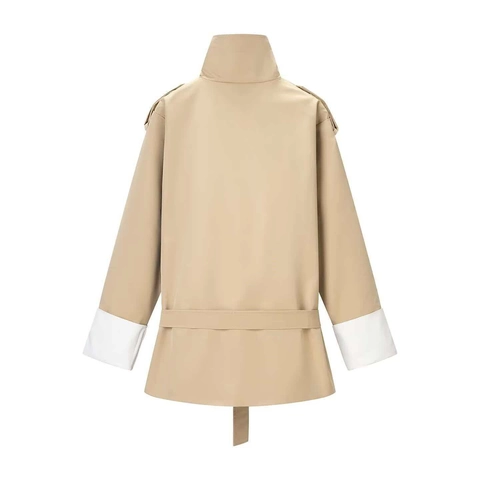 Women Mid-Long Khaki Trench Coat Stand Collar Single-Breasted Windbreaker Jacket With Belt Contrast Cuffs Casual Outwear