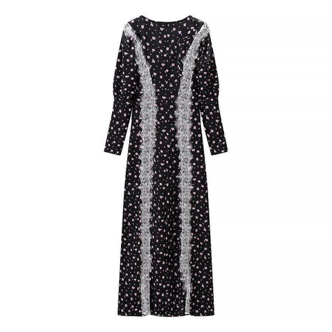 Vintage Floral Print Maxi Dress For Women Lace Splicing Square Neck Long Sleeve Slim Fit High Waist Elegant Cottagecore Dress