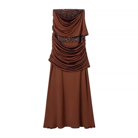 Women Sexy Brown Ruched Sequin Maxi Dress Backless Sleeveless Bodycon Tube Top Party Evening Banquet Long Dress