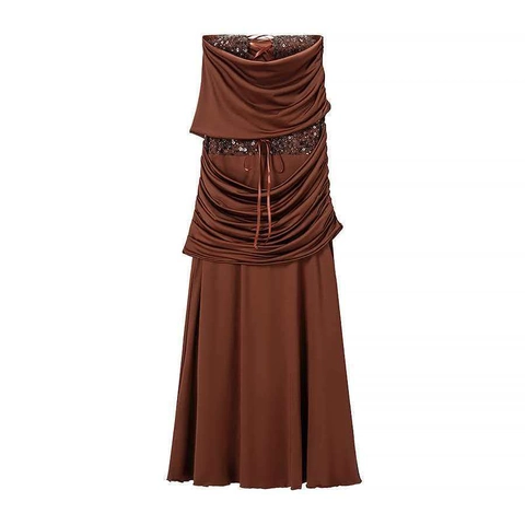 Women Sexy Brown Ruched Sequin Maxi Dress Backless Sleeveless Bodycon Tube Top Party Evening Banquet Long Dress