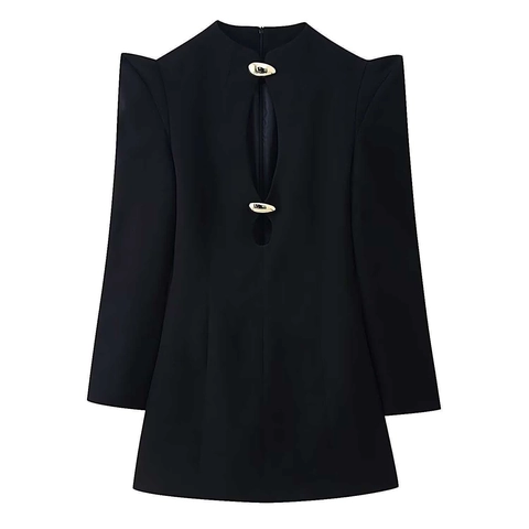 Women Elegant Black Cutout Mini Dress Gold Metal Buckle Exaggerated Padded Shoulder Long Sleeve Bodycon Party Clubwear