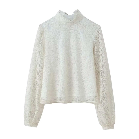 Women Elegant Lace Top And Skirt Set High Neck Lantern Sleeve Hollow Out Blouse Scalloped Mini Skirt White Summer Outfits