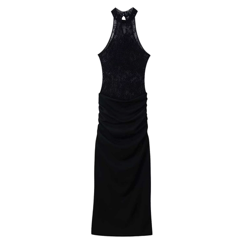 Vestito Maxi da Donna con Scollo all'Americana in Pizzo Patchwork Elegante Increspato Aderente Senza Maniche Festa Banchetto