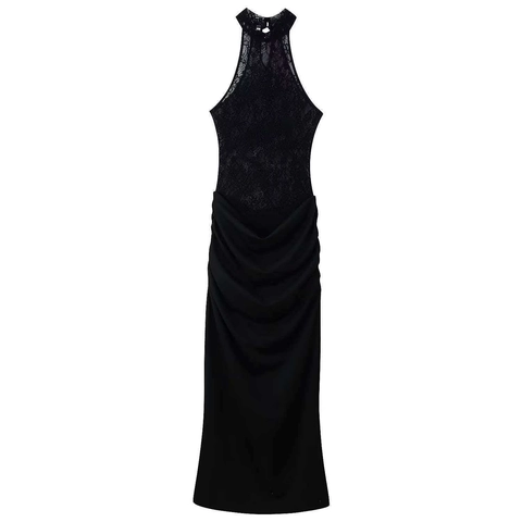 Vestito Maxi da Donna con Scollo all'Americana in Pizzo Patchwork Elegante Increspato Aderente Senza Maniche Festa Banchetto