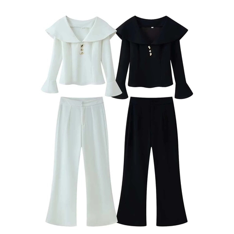 Elegant Women Blazer Pant Set Large Lapel Flare Sleeve Top Wide Leg Trousers With Gold Buttons Solid Color Two Piece Outfit