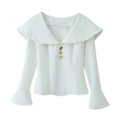 Elegant Women Blazer Pant Set Large Lapel Flare Sleeve Top Wide Leg Trousers With Gold Buttons Solid Color Two Piece Outfit