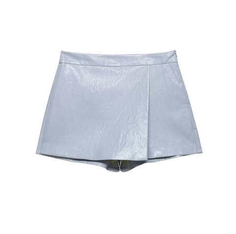 Falda Pantalón de Cuero de Imitación Azul Claro para Mujer Cintura Alta Diseño Cruzado Asimétrico Mini Shorts Con Cremallera Lateral