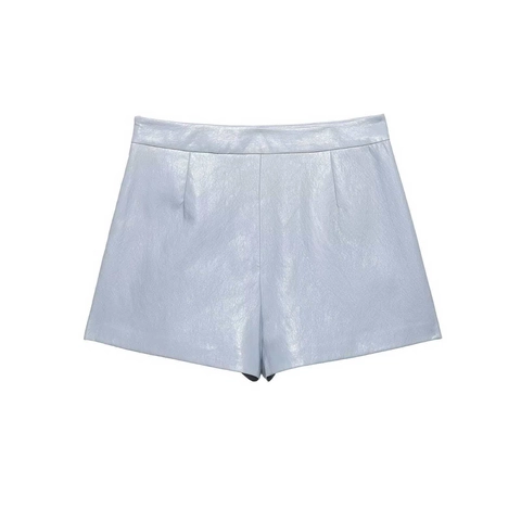Falda Pantalón de Cuero de Imitación Azul Claro para Mujer Cintura Alta Diseño Cruzado Asimétrico Mini Shorts Con Cremallera Lateral