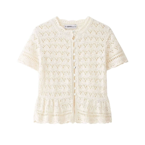 Cárdigan de Punto de Ganchillo Casual de Manga Corta para Mujer Cuello Redondo Encaje Calado Dobladillo Peplum Color Sólido Verano