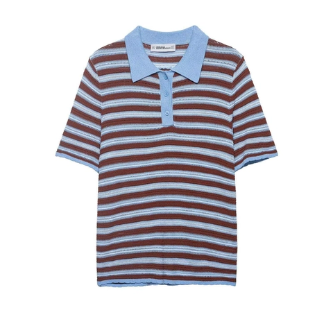 Women Vintage Striped Knit Polo Shirt Short Sleeve Contrast Color Casual Breathable Hollow Out Knitwear Fashion Top
