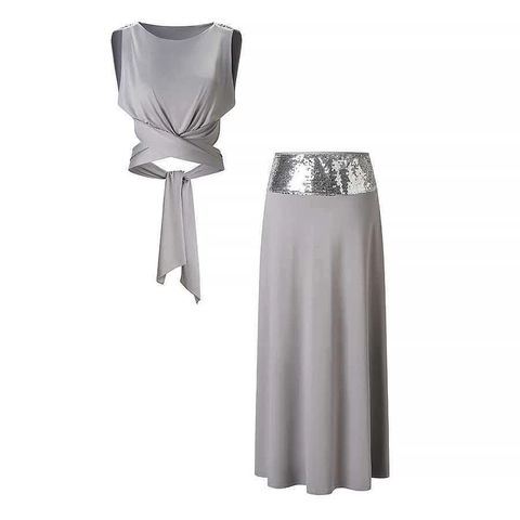 Ensemble Femme Décontracté Haut Sans Manches À Lacets Et Jupe Longue À Taille Haute À Paillettes Élégant Gris Tenue De Banquet Fête