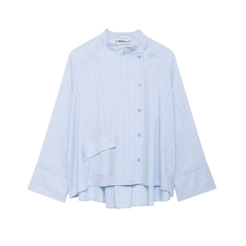 Camicia a Righe da Donna a Manica Lunga Collo Coreana Blusa Asimmetrica Con Tasca Orlo Irregolare Top Casual Ampio Pendolare