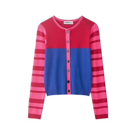 Cardigan en Tricot pour Femmes Bloc de Couleur Vintage Rayé Manches Longues Col Rond Simple Boutonnage Pull Top Décontracté