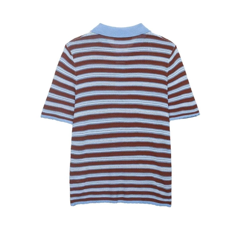 Women Vintage Striped Knit Polo Shirt Short Sleeve Contrast Color Casual Breathable Hollow Out Knitwear Fashion Top