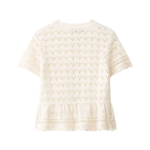 Cárdigan de Punto de Ganchillo Casual de Manga Corta para Mujer Cuello Redondo Encaje Calado Dobladillo Peplum Color Sólido Verano