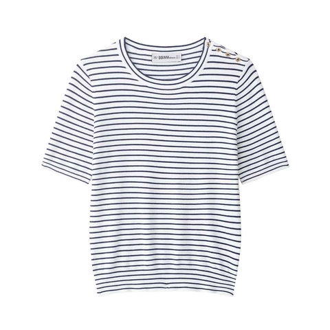 Women Striped Short Sleeve Knit Top Round Neck Summer Casual T-Shirt With Decorative Shoulder Buttons Marine Style