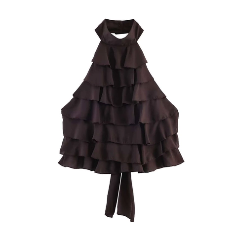 Women Sexy Halter Neck Backless Tiered Ruffle Top Solid Color Coffee Sleeveless Polyester Vest Short Tank Top Summer Party