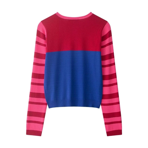 Cardigan en Tricot pour Femmes Bloc de Couleur Vintage Rayé Manches Longues Col Rond Simple Boutonnage Pull Top Décontracté