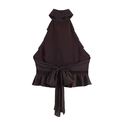 Women Sexy Halter Neck Backless Tiered Ruffle Top Solid Color Coffee Sleeveless Polyester Vest Short Tank Top Summer Party