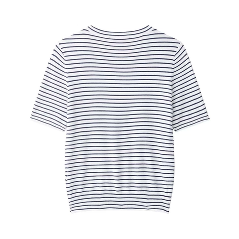 Women Striped Short Sleeve Knit Top Round Neck Summer Casual T-Shirt With Decorative Shoulder Buttons Marine Style