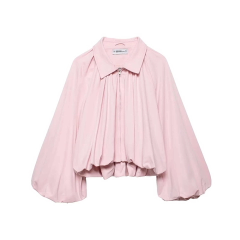 Women's Pink Lantern Sleeve Blouse Lapel Zipper Short Shirt Solid Color Casual Long Sleeve Polyester Commuting Tops