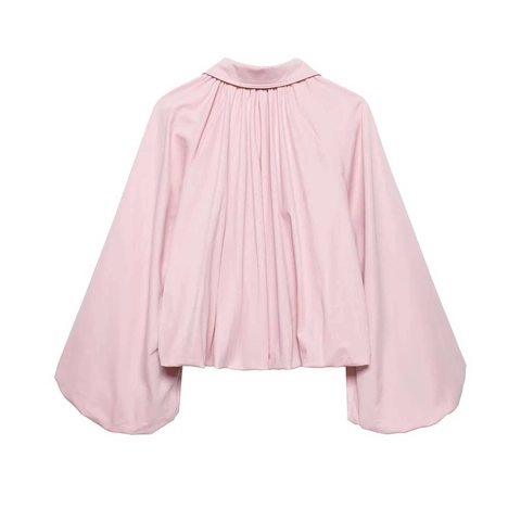 Women's Pink Lantern Sleeve Blouse Lapel Zipper Short Shirt Solid Color Casual Long Sleeve Polyester Commuting Tops