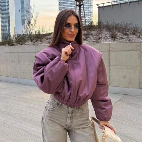 Women's Fashion Stand Collar Short Bomber Jacket Long Sleeve Zipper Solid Color Polyester Streetwear Puffy Outerwear Coat