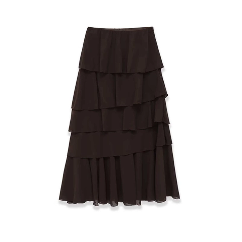 Jupe Midi Femme Élégante Café Brun À Étages Volants Décontractée Couleur Unie Ligne A Taille Haute Jupe Navetteur