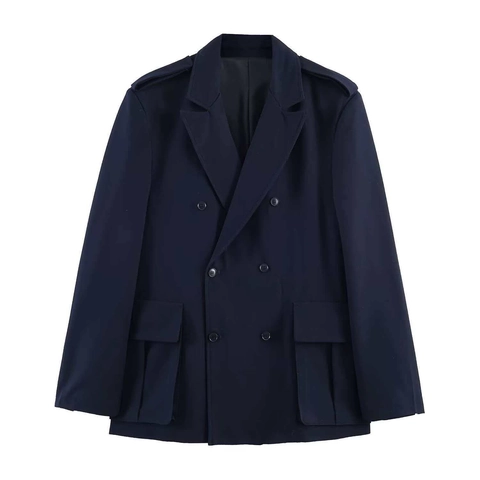 Veste Blazer Femme Bleu Marine Double Boutonnage Avec Épaulettes Col à Revers Mi-Longue Casual Commuter Vêtement