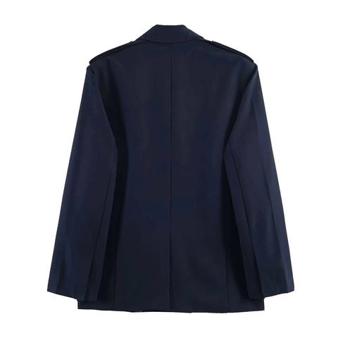 Veste Blazer Femme Bleu Marine Double Boutonnage Avec Épaulettes Col à Revers Mi-Longue Casual Commuter Vêtement