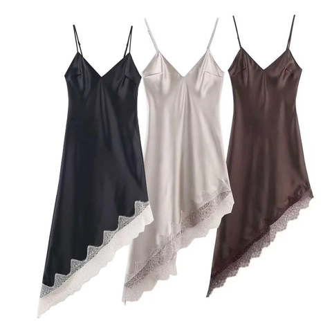 Damen Sexy Polyester Satin Midi Cami Kleid Elegant V-Ausschnitt Ärmellos Asymmetrischer Saum Wimpernspitze Slip Kleid Partywear