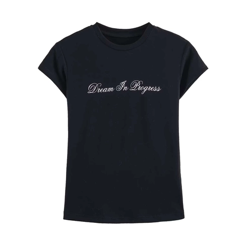 Women Letter Print Slim Fit Short Sleeve T-Shirt Casual Round Neck Polyester Summer Basic Graphic Tee Top For Daily Wear