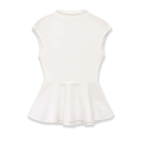 Women Elegant Sleeveless Peplum Top Round Neck Ribbed Knit Waist Ruffle Hem Solid Color Casual Summer Tank Top