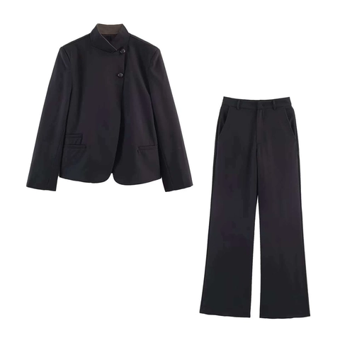 Mujer Casual Sólido Negro Blazer Y Pata Ancha Pantalón Top Y Pantalones Oficina Conmutar Manga Larga Traje Elegante Diario Co-ord