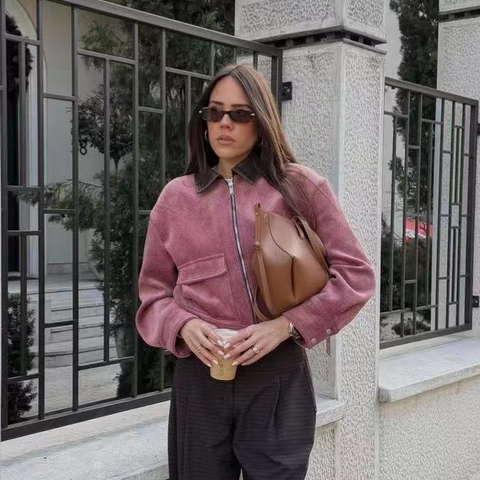 Giacca Corta da Donna in Velluto a Coste Vintage Con Colletto in Pelle PU a Contrasto Cerniera Frontale Tasche Cargo